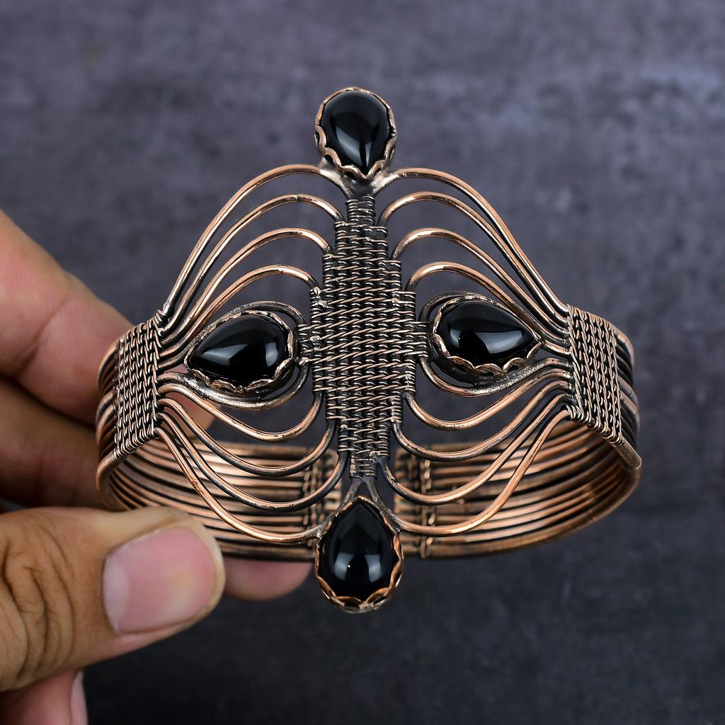 Черный Оникс Драгоценный Камень Ручной Работы Медная Проволока Обмотка Манжета Браслет Регулируемый g7W21