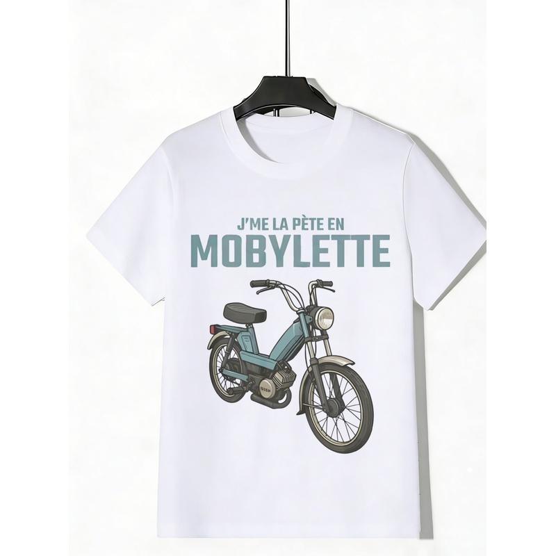 White T-Shirt with Moped Graphic And French Text for Streetwear Fashion