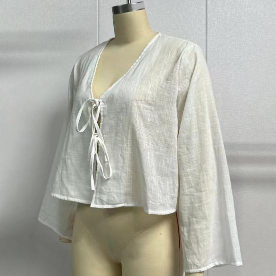 Женская рубашка с v-образным вырезом и длинным рукавом, свободная посадка, однотонная рубашка, топы, летний кардиган на шнуровке с бантом, рубашка с завязкой на галстуке, топ