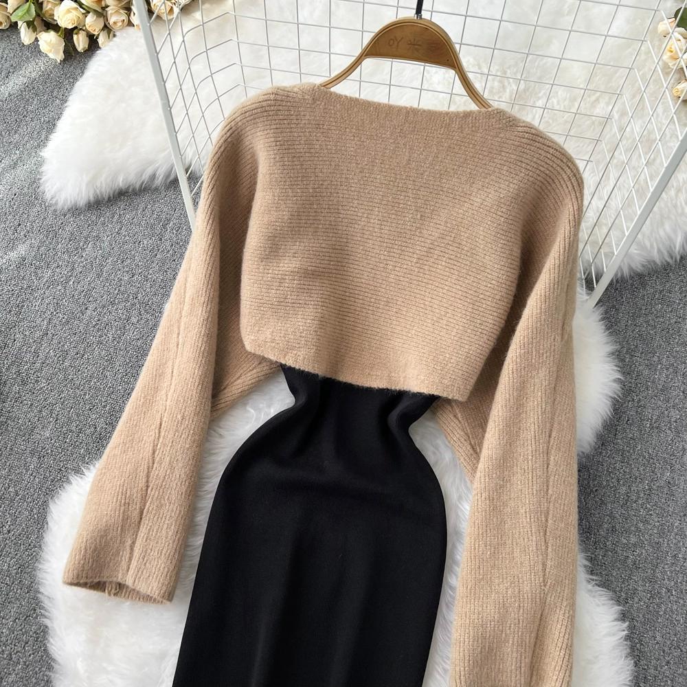 Модный костюм юбка женский повседневный с круглым вырезом с рукавом три четверти вязаный блузка топ комплект из двух предметов корейская версия темперамент платье на бретелях