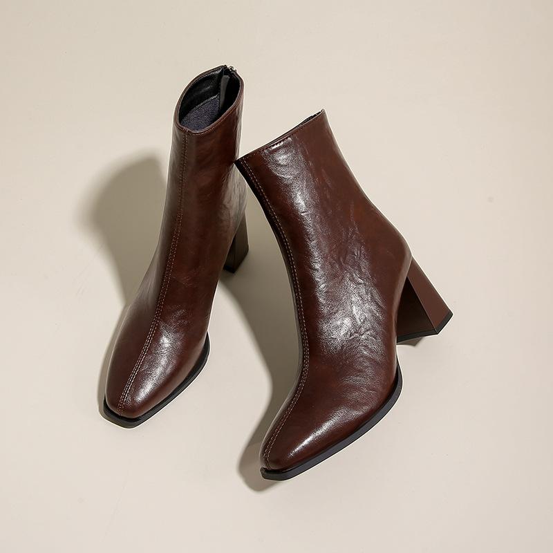 Короткие сапоги на высоком каблуке женские 2025 осень и зима новый темперамент средняя трубка молния сзади толстый каблук средний каблук квадратный носок ботинки Martin тонкие