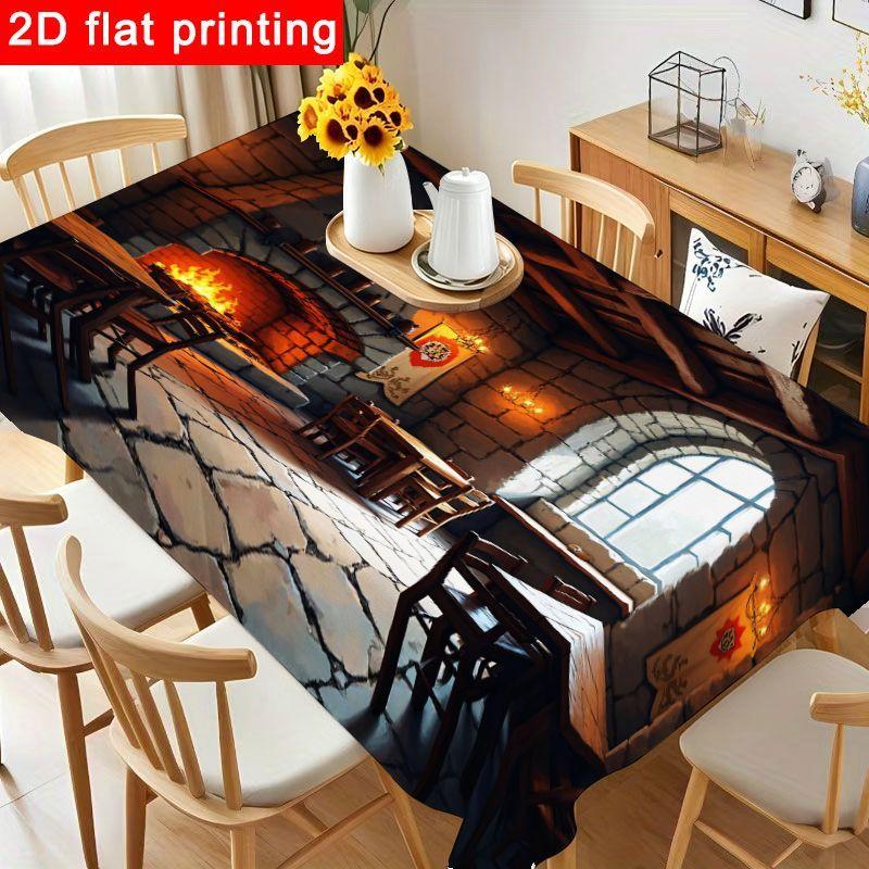 1pc Medieval Tablecloth Suitable for Themed Parties, Reusable Round/Square Table Cover with Stone Tavern Design - Durable for Indoor/Outdoor Use, Easy
