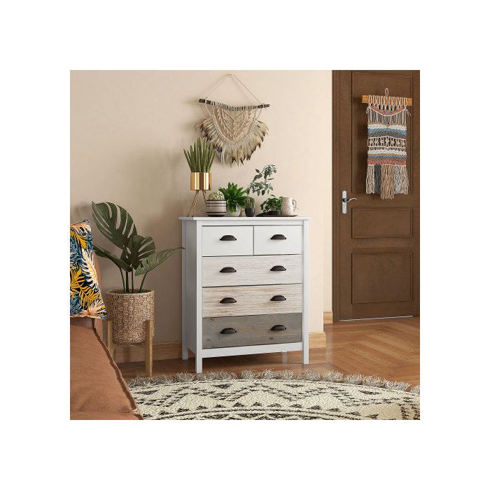 Commode - MUVOE - 5 tiroirs - Blanc - 70x38x85 cm - Anti-basculement