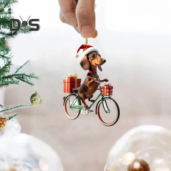 Украшения для рождественской елки, реалистичный щенок, едущий на велосипеде, подвеска, 2D, плоская, с двойной печатью, акриловое подвесное украшение для елки, домашний декор