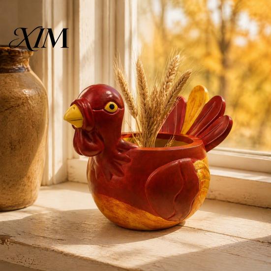 Crafted Harvest Festival Decor Hand-painted Resin Turkey Ornament for Thanksgiving, Autumn Desktop Storage Fall Themed Mantel Centerpieces Organizer,
