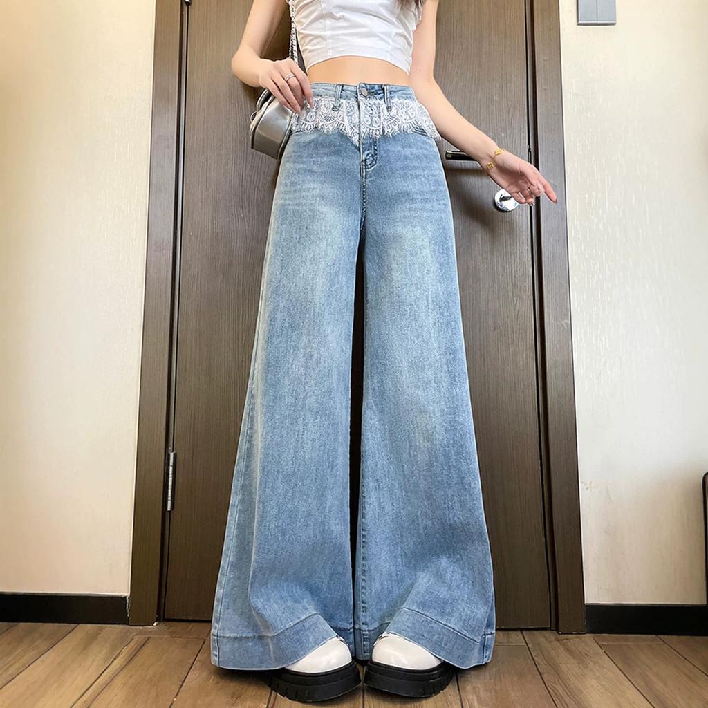 Lace wide-leg jeans women's spring and autumn new thin loose design horn lace straight pants
