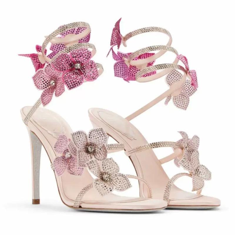 Luxury Rhinestones Flowers Women Gladiator Sandals Sexy Snake Twine Ankle Strap High heels Summer Wedding Prom Shoes Sandalias