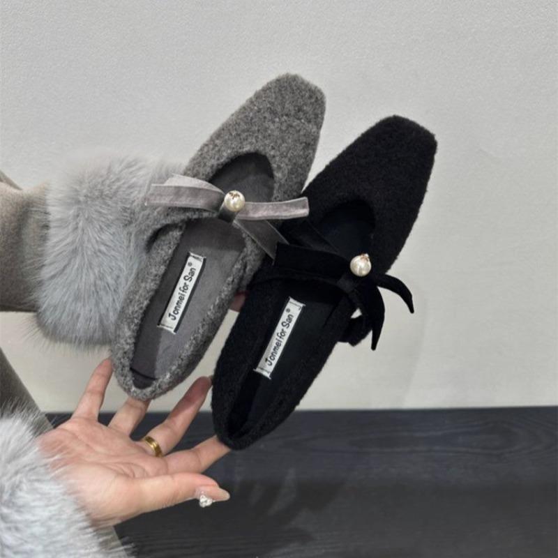 Модные зимние туфли-квадрат с хлопком, женские модные туфли-квадрат с мелким вырезом и бантом-бабочкой, на мягкой подошве, нескользящие, низкие