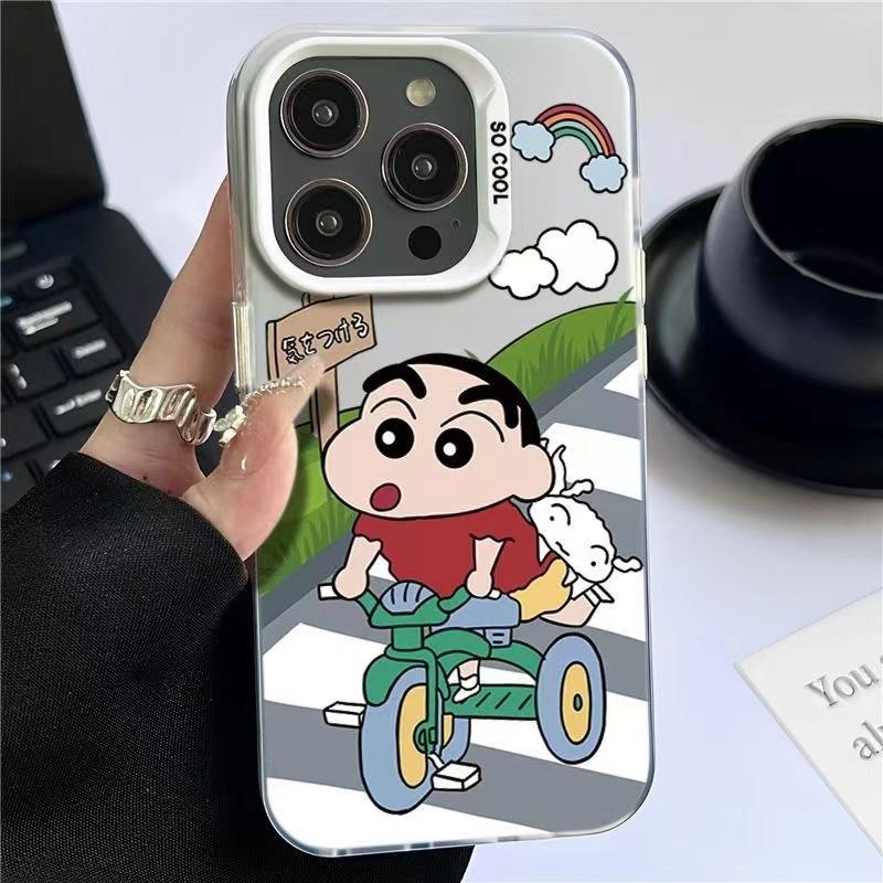 Cute Shin-chan riding a tricycle, compatible with iPhone 16 Plus, iPhone 13, iPhone 15 Pro Max, and 14-inch hard case.