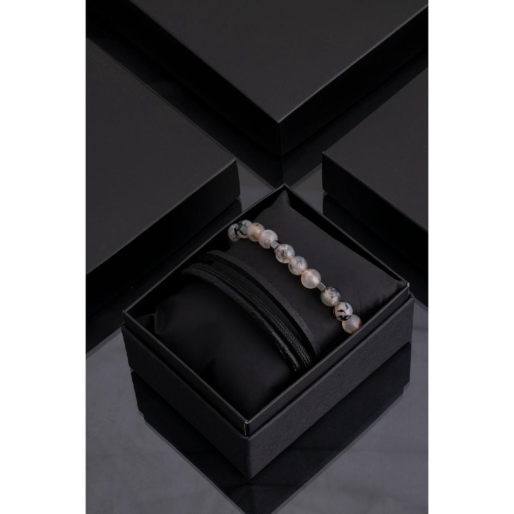 Мужской комбинированный браслет из черной натуральной кожи и гематита из натурального камня 001