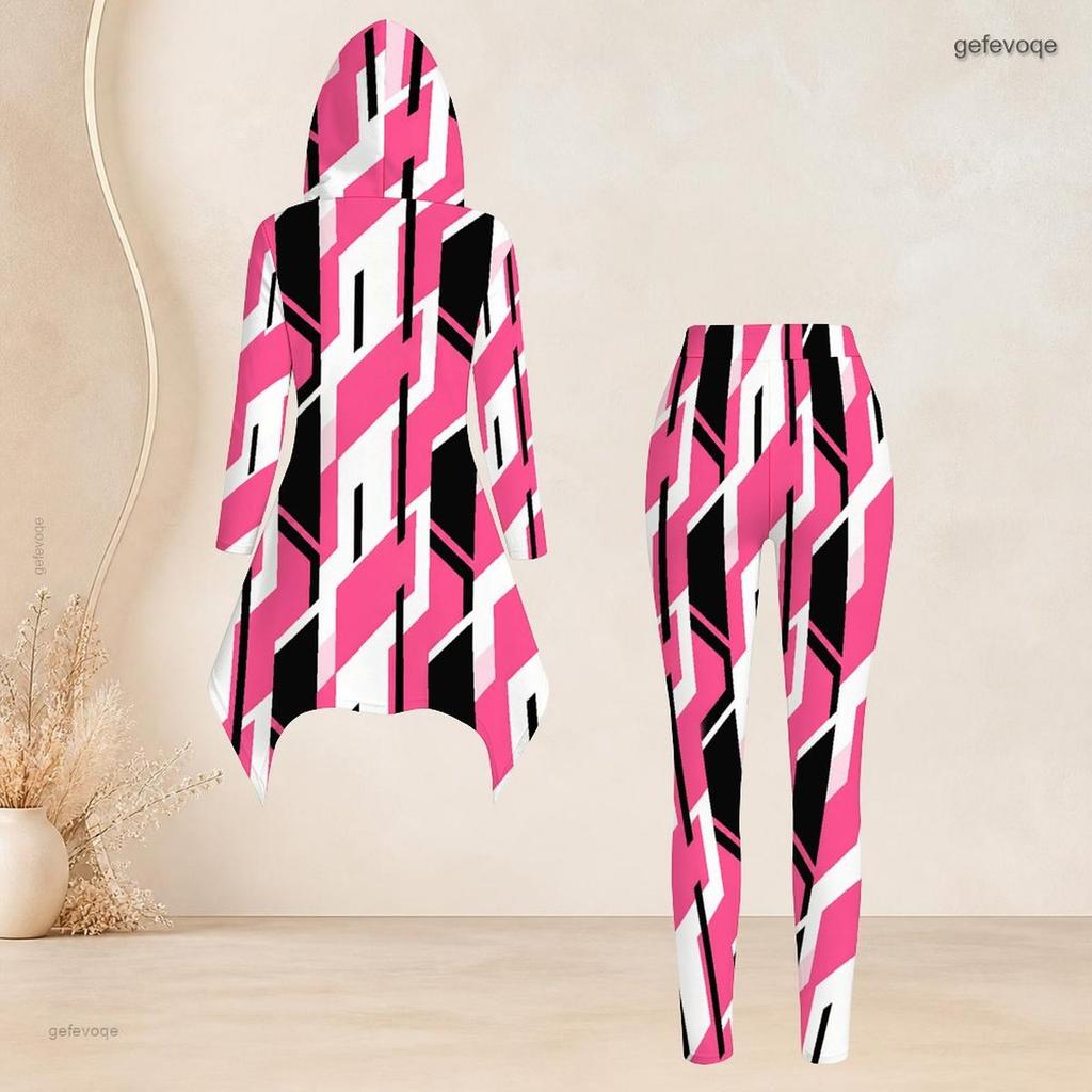 Women Plus Size Striped Printed Hooded Long Sleeve High Low Top Fitted Pants Two Piece Set