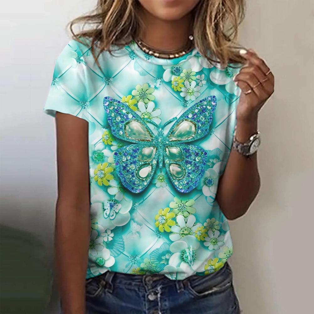 2024 Fashion Woman T Shirt 3d Butterfly Print Crew Neck Short Sleeve Tee Luxury Female T-Shirts Oversized Y2k Clothing For Girls