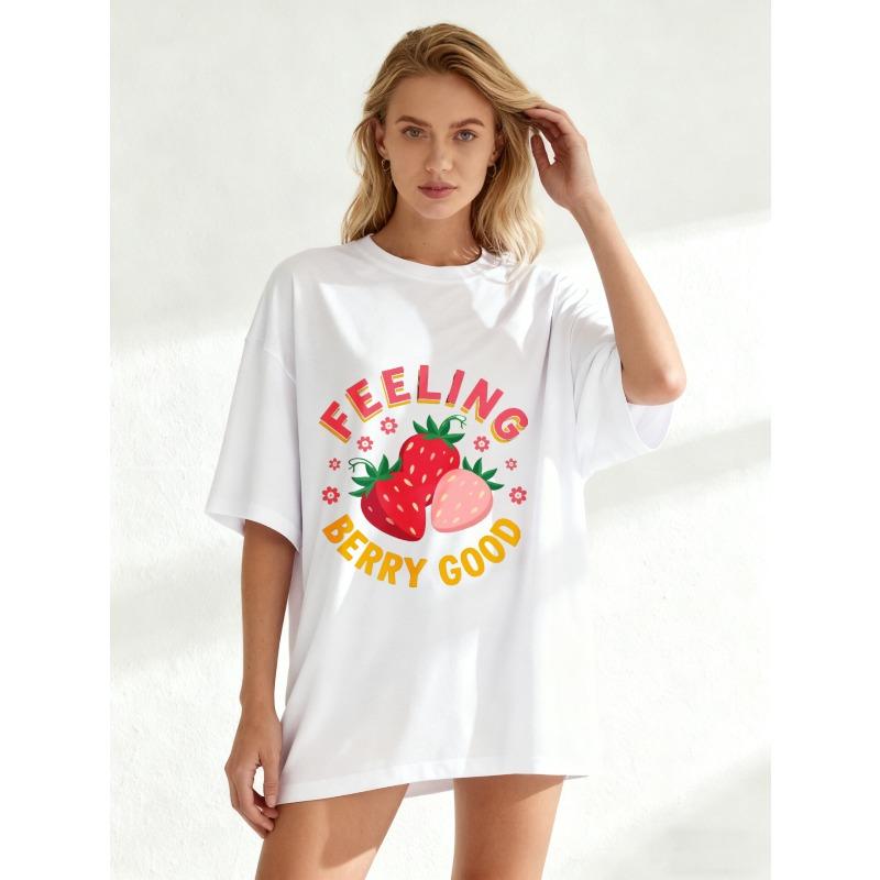 Оверсайз футболка Feeling Berry Good черного цвета с принтом клубники и текстом, повседневная летняя одежда для женщин