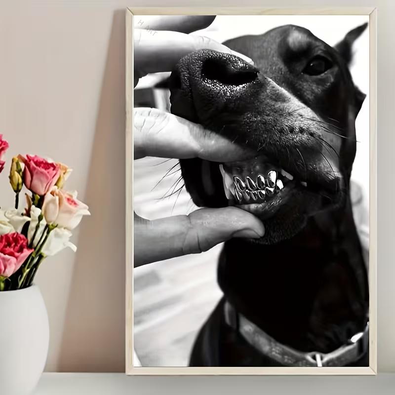 Depiction of a Doberman Without a Frame, Featuring Golden Teeth, Perfect for Enhancing The Decor of Your Living Room, Bedroom, Or Office
