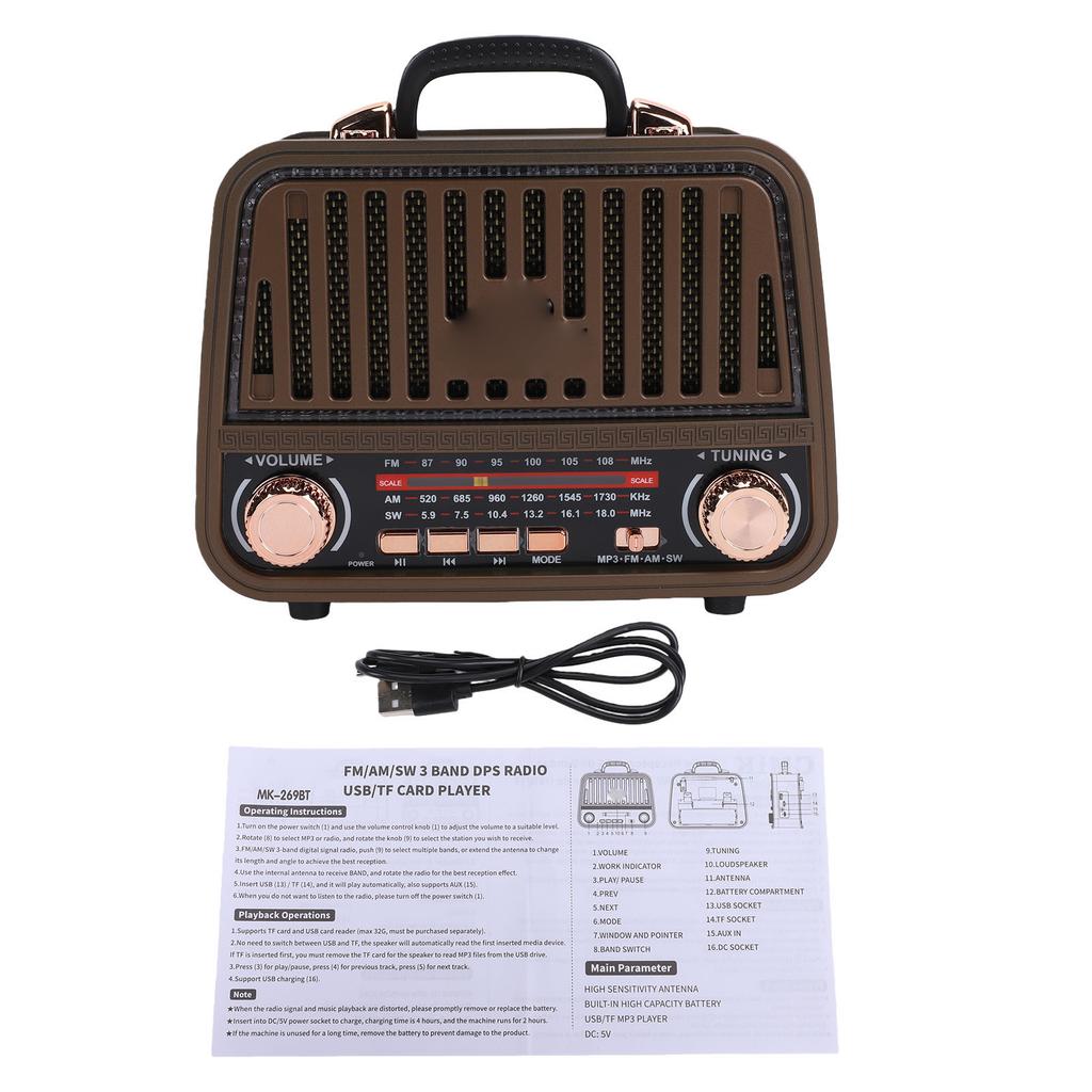 Ретро Bluetooth-колонка AM FM SW Радио Перезаряжаемая Винтажная Беспроводная Колонка с Телескопической Антенной