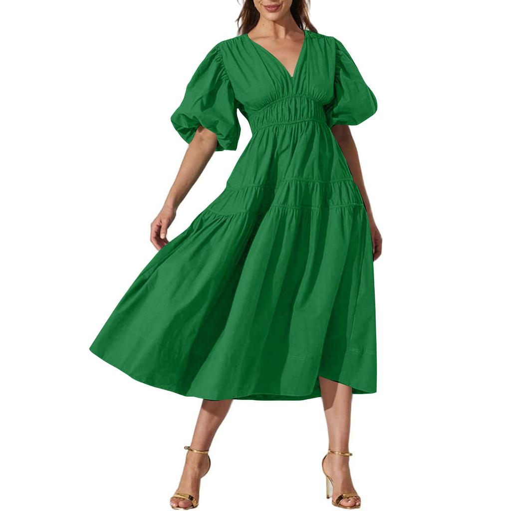 Women's Bohemian Floral Midi Smocked Beach Loose Casual Dress