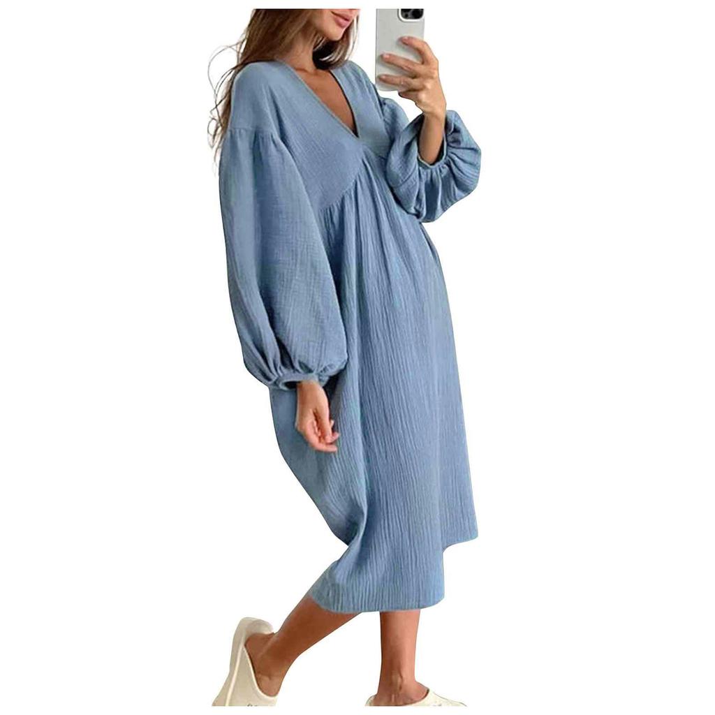 Ladies Casual Living Solid Pocket V Neck Pleated Dress Puff Sleeve Long Sleeve Cotton Dressy Fit Dress