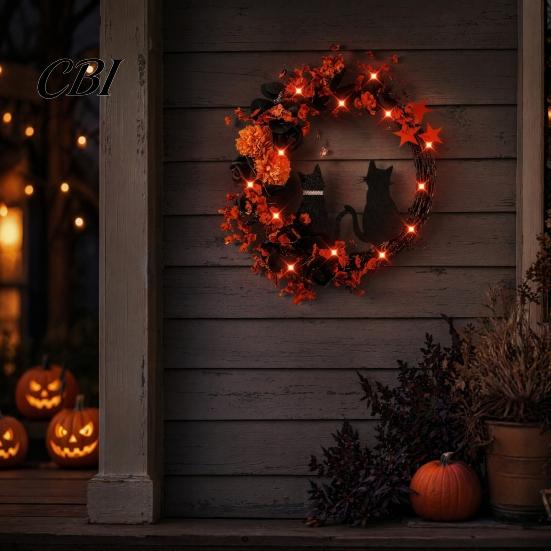 Halloween Floral Hanging Decoration Garland, with String Lights, Black Cat Silhouette Glow Moon Lights Wreath, for Front Door Indoor Outdoor