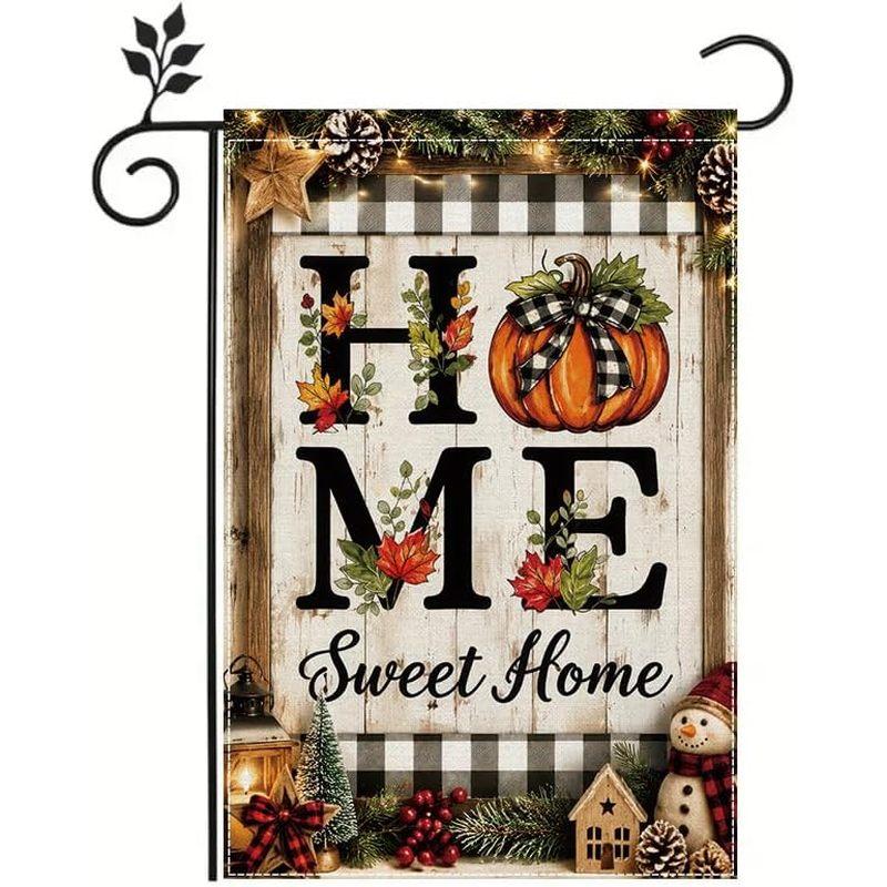 Garden Flag , Home Sweet Home Buffalo Plaid Design with Pumpkin And Snowman, Fall Winter Farmhouse Outdoor Decor, Double-Sided Polyester House Yard Si