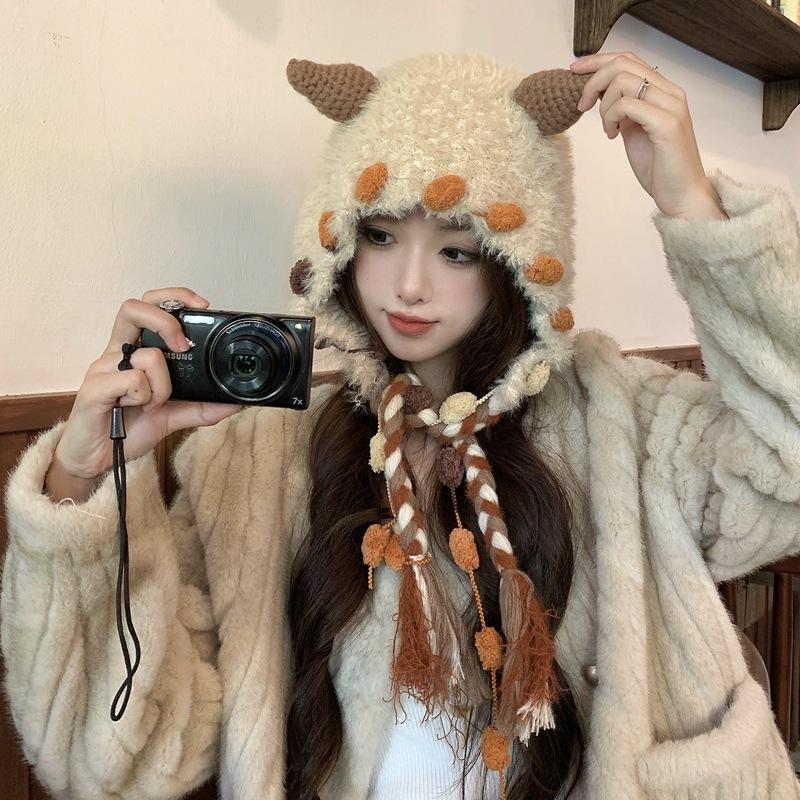 2025 новая японская милая шапка-чудовище из плетеной шерсти, женская сезонная теплая универсальная вязаная шапка с ушками