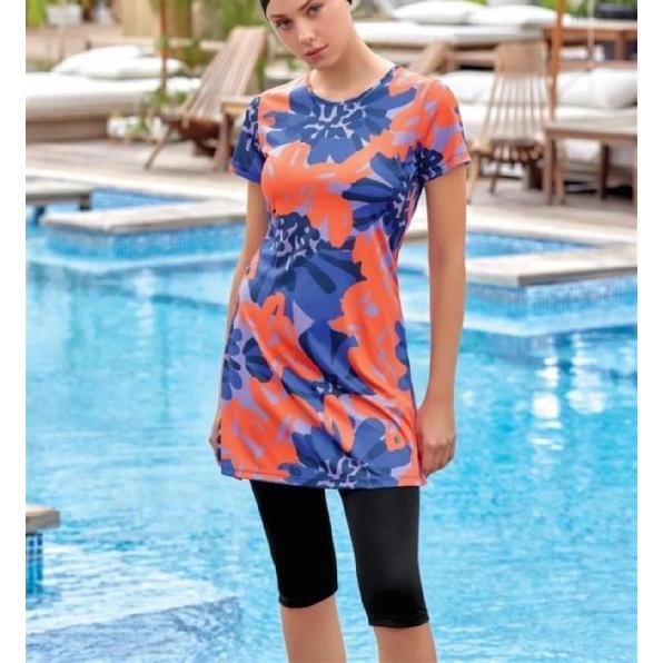 Летний цветочный купальный костюм 2025 с принтом - Комплект: туника с коротким рукавом и укороченные леггинсы - Мусульманский купальник - Пляжная одежда с защитой от УФ-лучей - Летний буркини