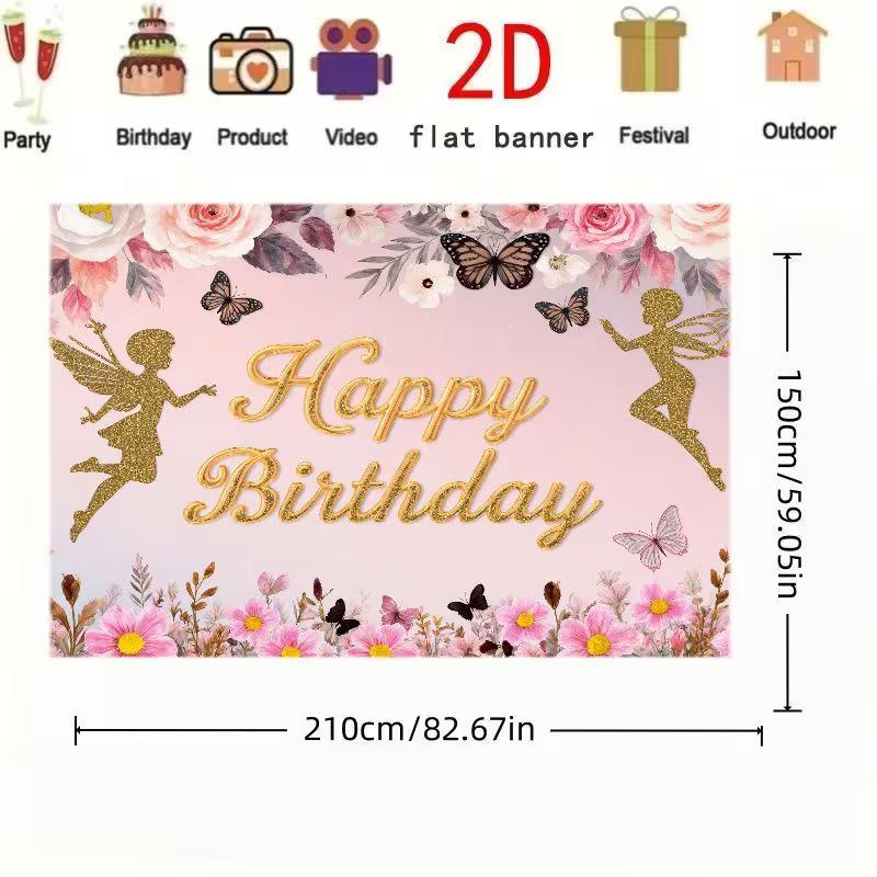 2D Pink Floral Fairy Backdrop "Happy Birthday" with Gold Glitter Fairies and Butterflies Photography Background