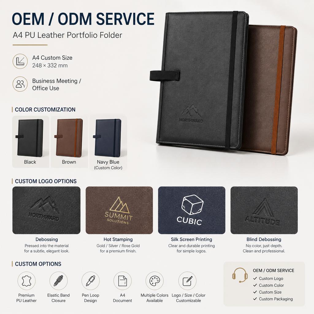 In Stock Factory Direct A4 Leather Portfolio Folder, Premium PU Organizer with Elastic Band Closure and Pen Loop Meeting