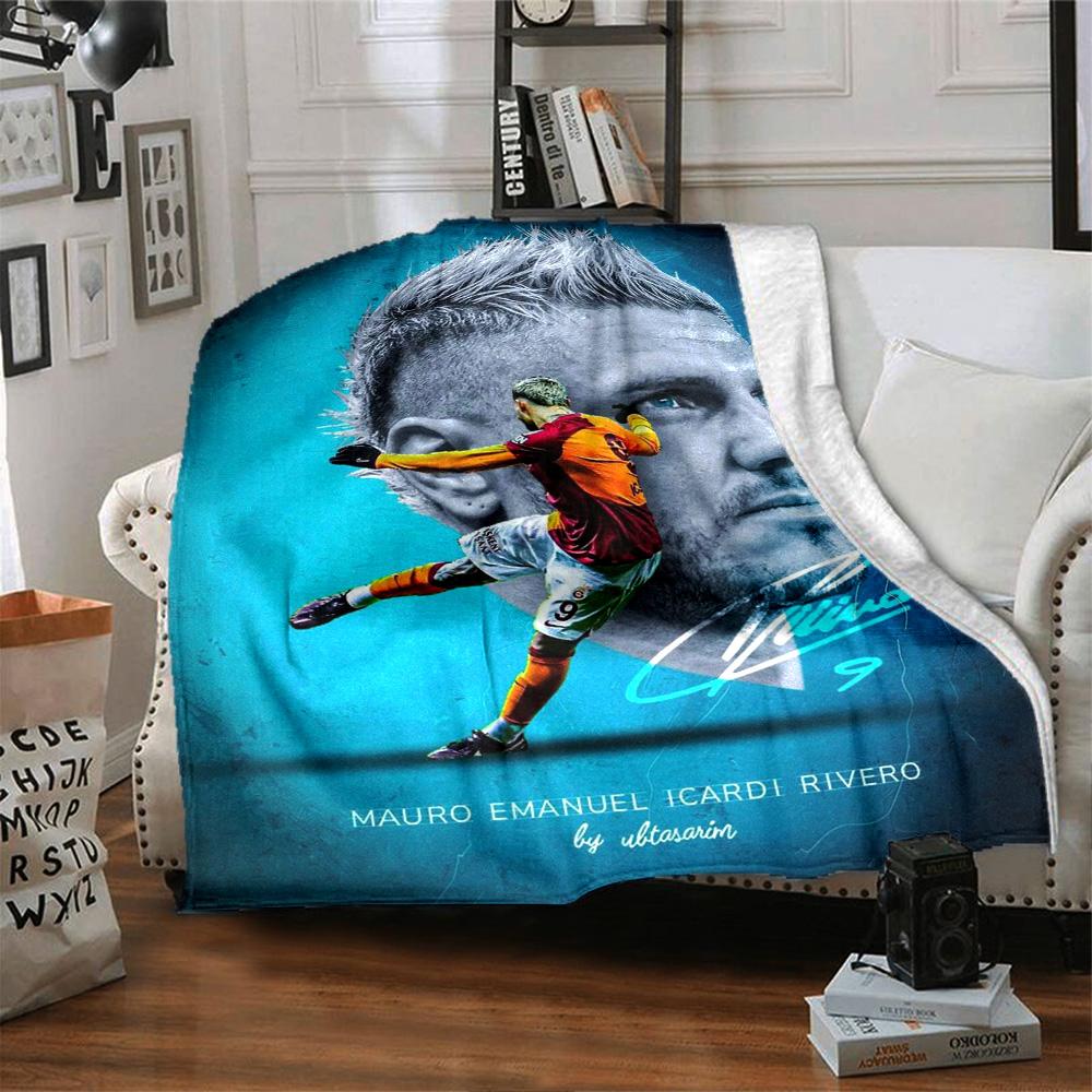 Blue Football Player Portrait Shooting Print Flannel Throw Blanket, Soft Warm Cozy Bed Sofa Cover for Sports Fan Home
