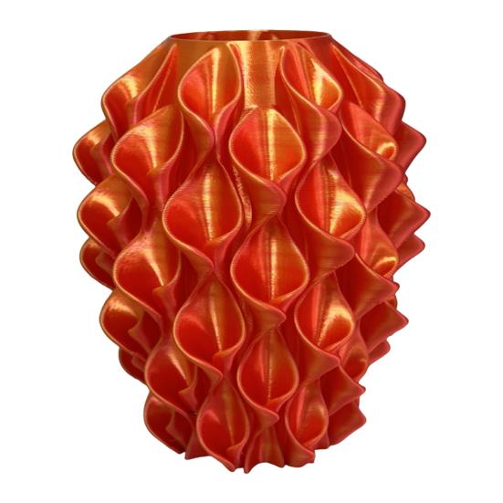 3D Printed Red Gold Flower Vase Sculptural Wave Geometric Textured Decorative
