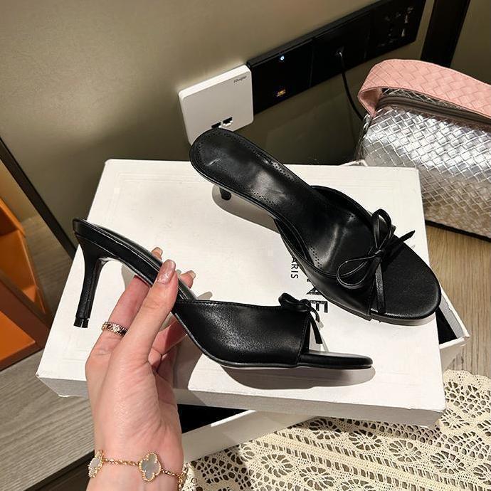 Fashion Stiletto High Heels, Gentle French Pink Bow, One-word Cool Slippers for Women's 2025 Summer New Models