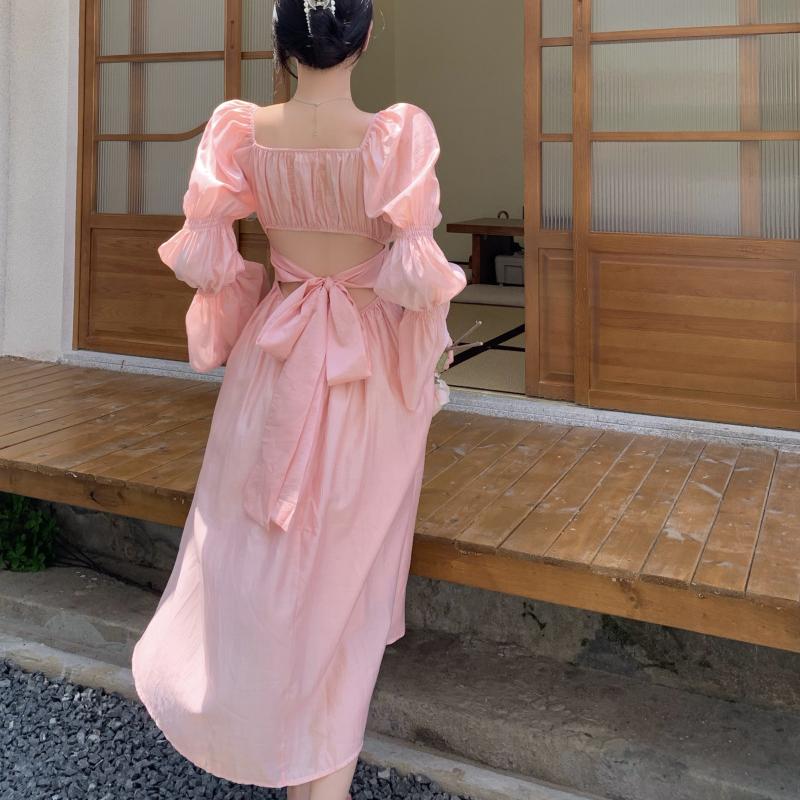 Spring Sweet Back Puff Sleeve Midi Dress Women Autumn Pink Bandage Dress Elegant Chiffon Long Dresses Female