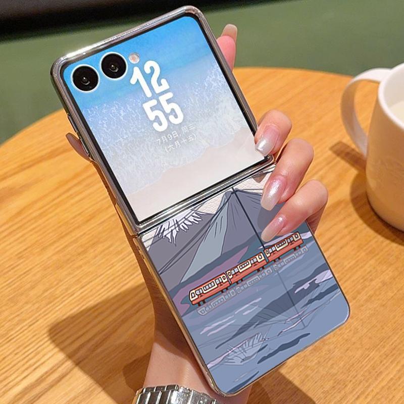 Чехол из ПУ-кожи с изображением горного хребта для Samsung Galaxy Z Flip7 FE Flip6 Flip 7 6 5 5G Серебристая рамка Жесткая складная крышка