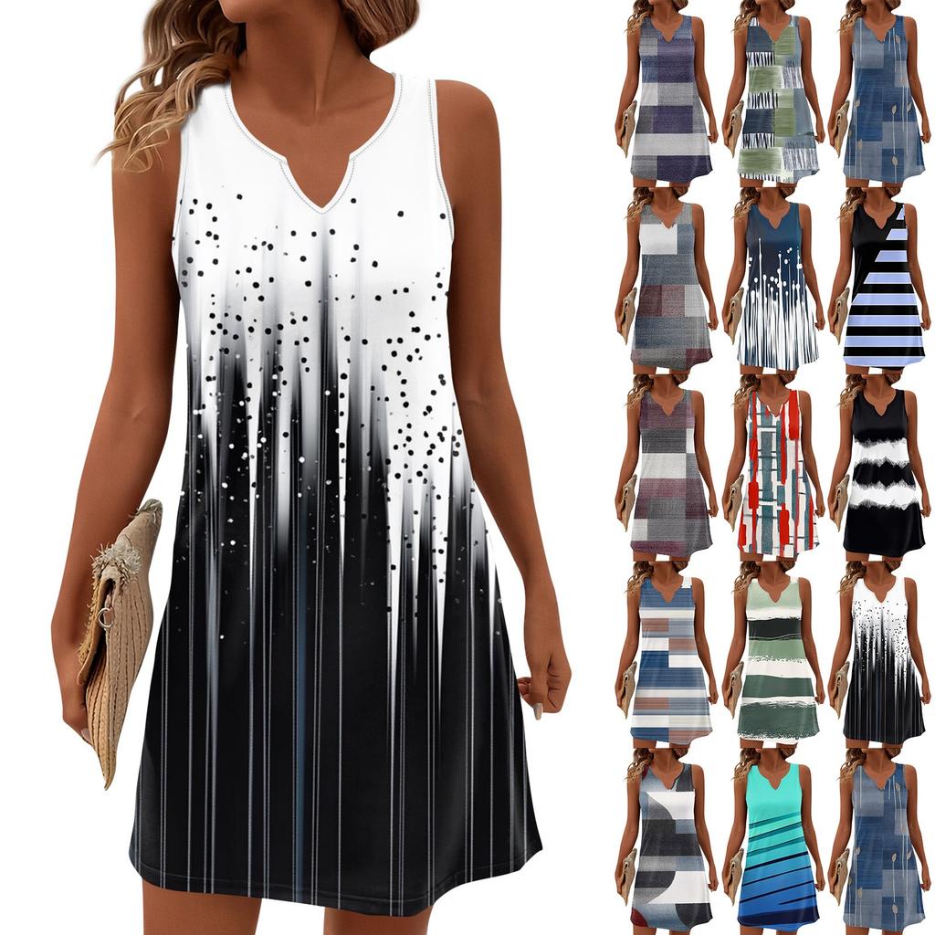 Women Summer Dresses V-Neck Print Sleeveless Sundress Casual Dress