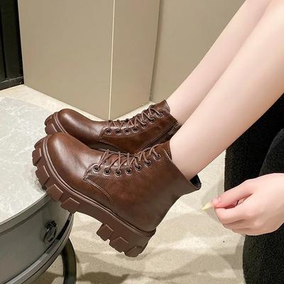 Модные женские ботинки из искусственной кожи 2025 Осень Новая обувь Женская мода Шнуровка Ботильоны Женские Массивный каблук Платформа Мотоциклетные боты
