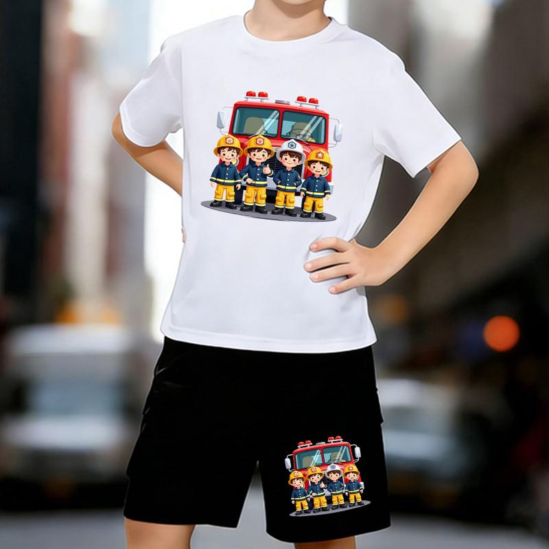 Boys 2 Piece Firefighting themed printed outfit, Short Sleeve T-Shirt and Shorts Set for Kids Age 5-14,White, Black Sporty Casual Summer Clothes