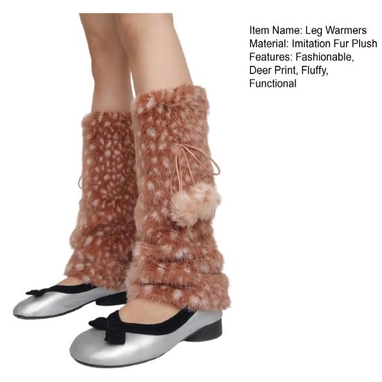 Deer Print Leg Warmers Women Faux Fur Fuzzy Calf Warmers with Pompoms Fluffy Boot Cuffs Cover for Sneakers Girls Winter Street Wear