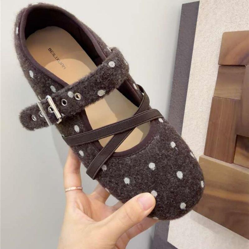 Autumn sweet wind non-slip bow ballet single shoes polka dot cross strap Mary Jane shoes