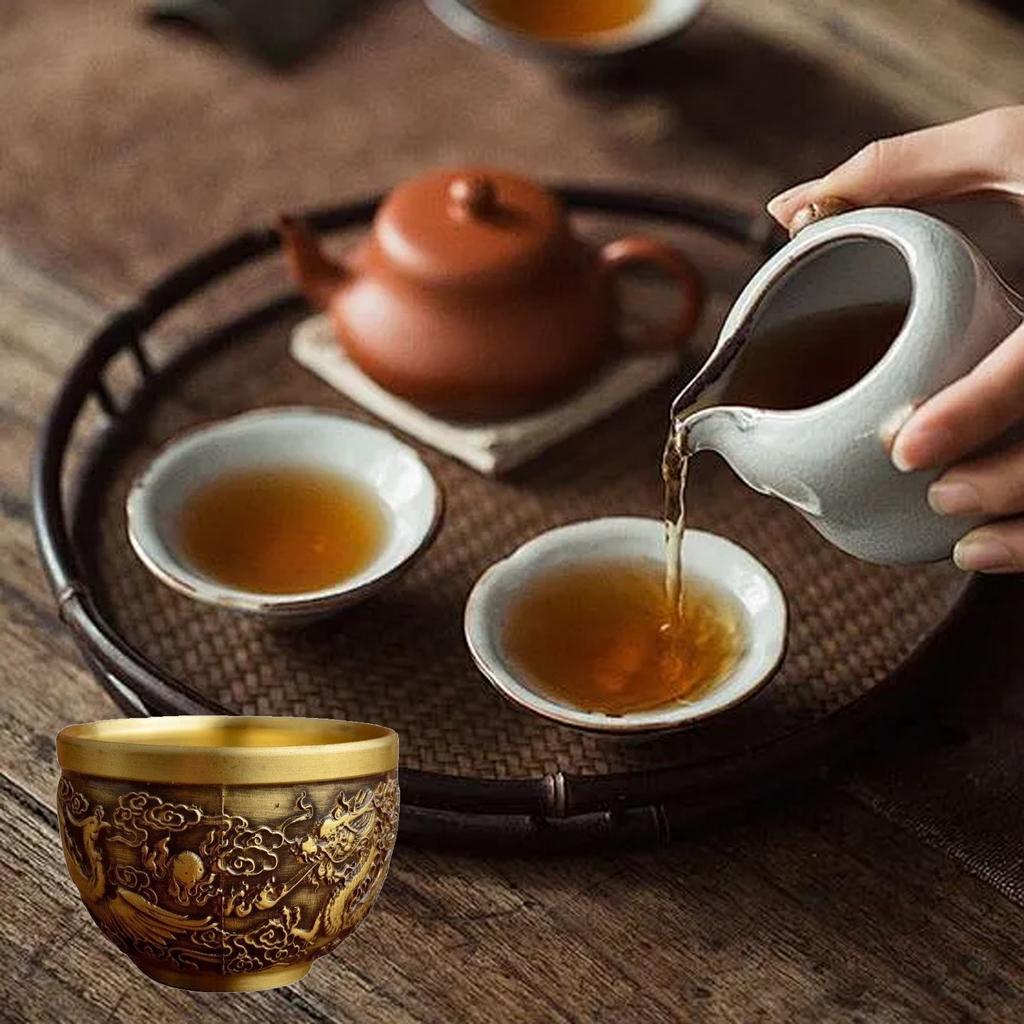 Antique Relief Dragon And Auspicious Slim Waist Cup Tea Table Decoration Copper Cup Chinese Small Waist Cup