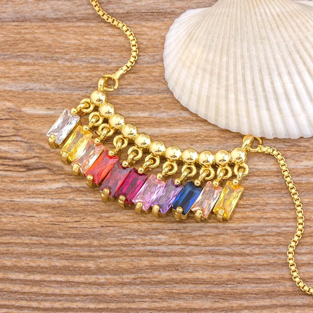 Hot Sale CZ Rainbow Necklace Stone for Woman Multicolored Necklace Pendants Fashion Colorful Long Chain Necklace Jewelry