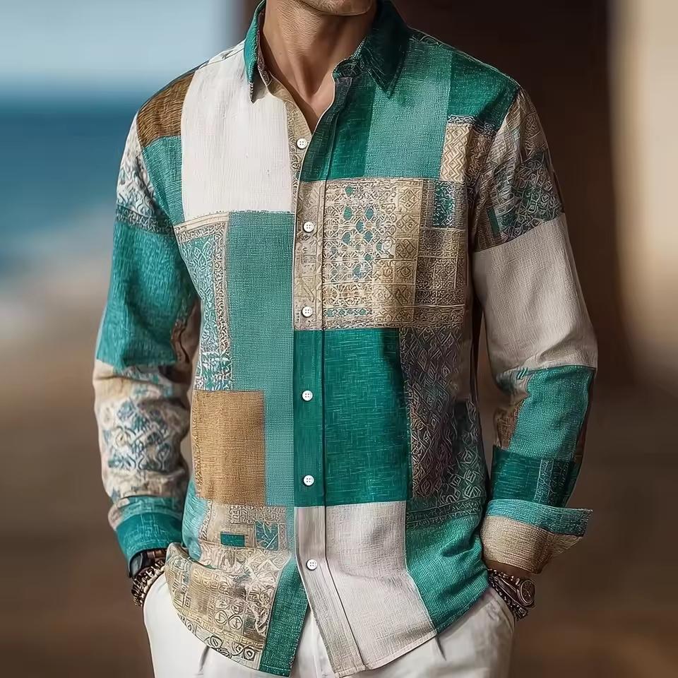 Men's Retro Patchwork Contrasting Geometric Long Sleeved Floral Shirt, European Loose Collared Button Street Casual Daily Vacati