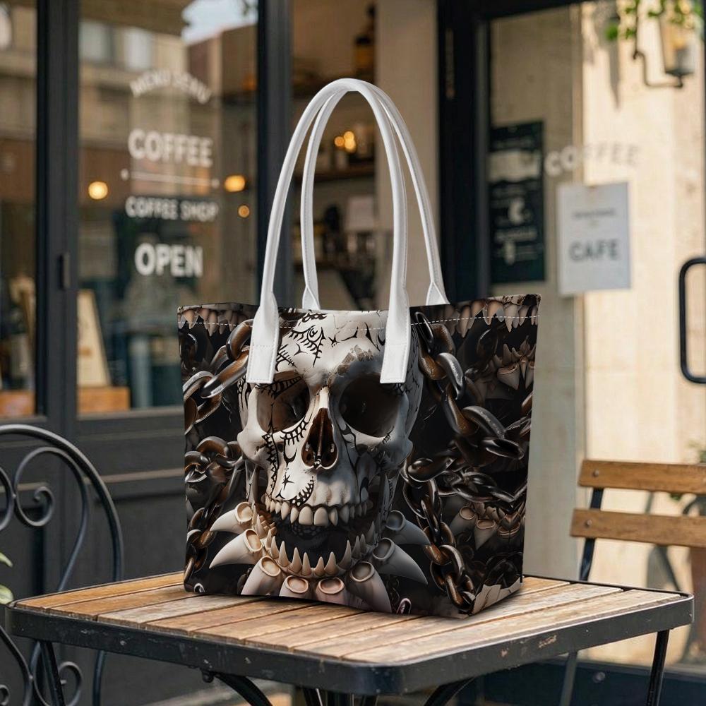 Cool Skull Print Tote Bag Trendy Dark Style Shoulder Bag for Daily Use