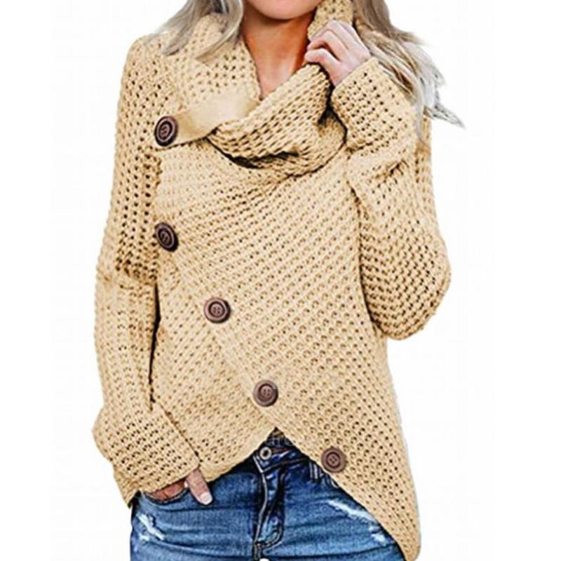 Осенне-зимняя мода, новый свитер с высоким воротником и длинным рукавом, нерегулярные пять косых пуговиц, трикотаж