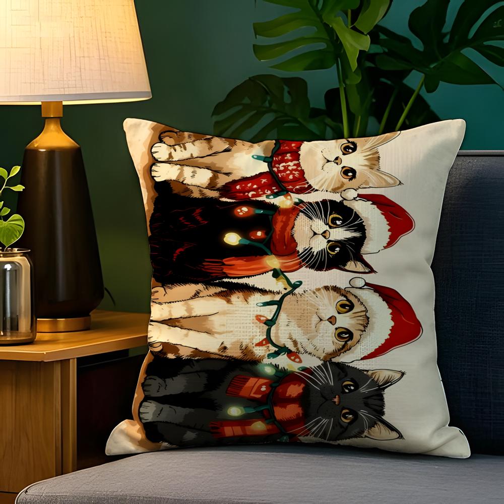 Cute cat with a red hat decoration Pillow Case Natural Linen Pillow Case DoubleSided Decor Sofa Pillowcase Home Decor