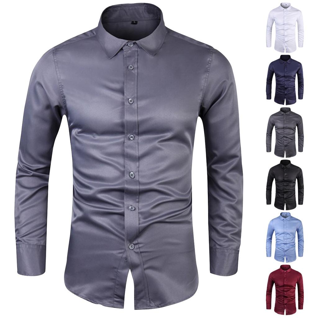 Мужская модная рубашка большого размера с длинным рукавом и лацканами, однотонная рубашка в деловом стиле