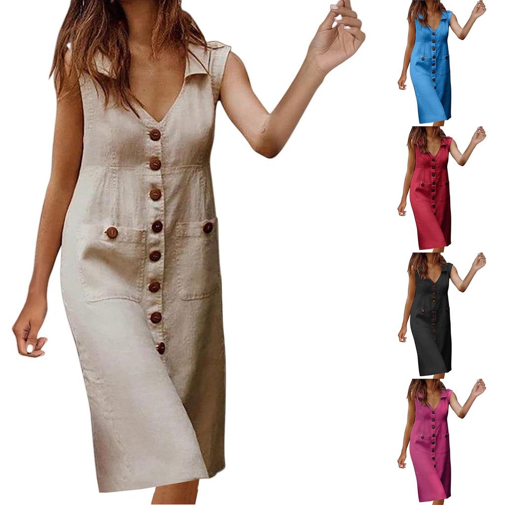 Women's Casual Summer Business Work V-Neck Sleeveless Button-Up Shirt Midi Dress With Pockets Dress