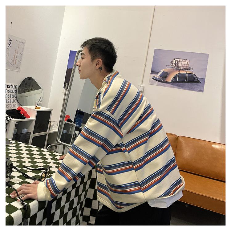 Мужской модный пуловер в полоску с цветными блоками - повседневная толстовка свободного кроя с круглым вырезом для весны и осени.