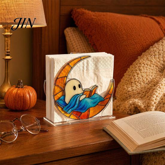 Retro Style Napkin Holder Holder, Ghost Halloween Theme, Transparent Acrylic Vertical Dispenser, for Dining Tables Bars Kitchens Party Lightweight