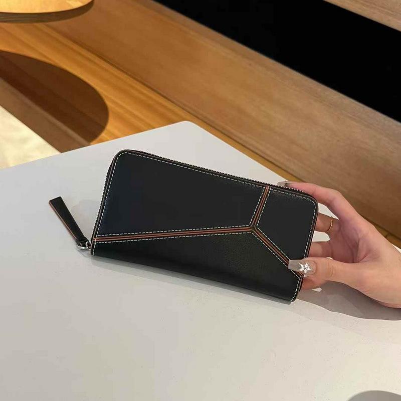 2025 New Genuine Leather Wallet For Women's Handheld Wallet Long Simple Color Contrasting Geometric Splicing Single Zipper Women's Money