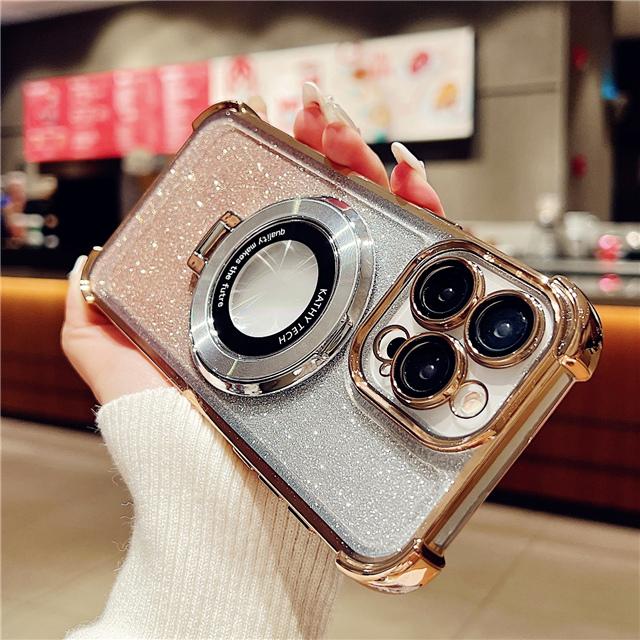 For iPhone 15 Pro Max Luxury Plating Magsafe Magnetic Stand Flash Phone Case For iPhone 11 12 13 14 16Plus Lens Protective Cover