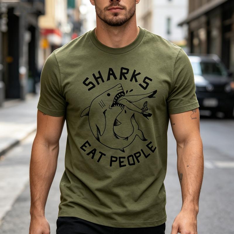 Sharks Eat People Graphic T Shirt Cool Cartoon Shark Print Tee Unisex Unisex Soft Cotton Crew Neck Short Sleeve Trendy Streetwear